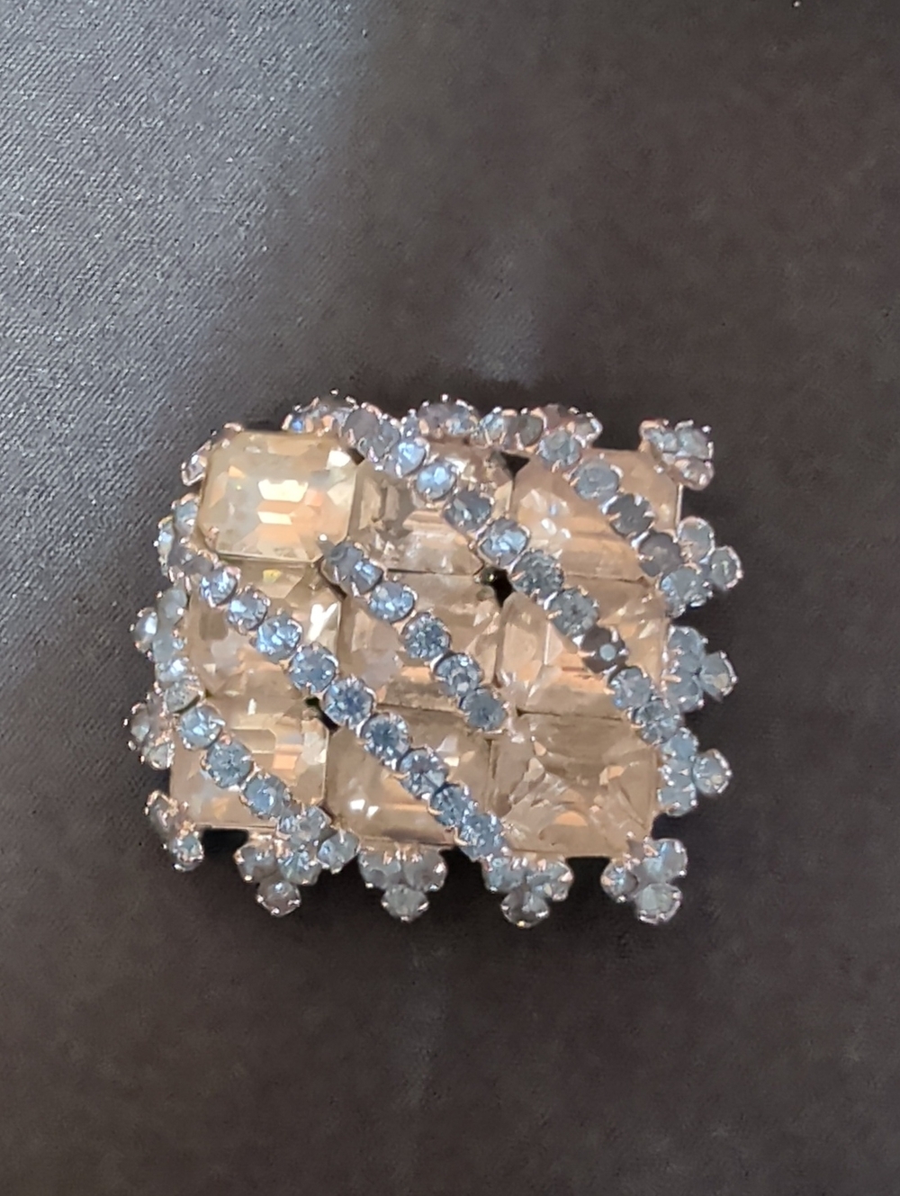 Signed Vintage Continental Rhodium Rhinestone Lattice Brooch Pin